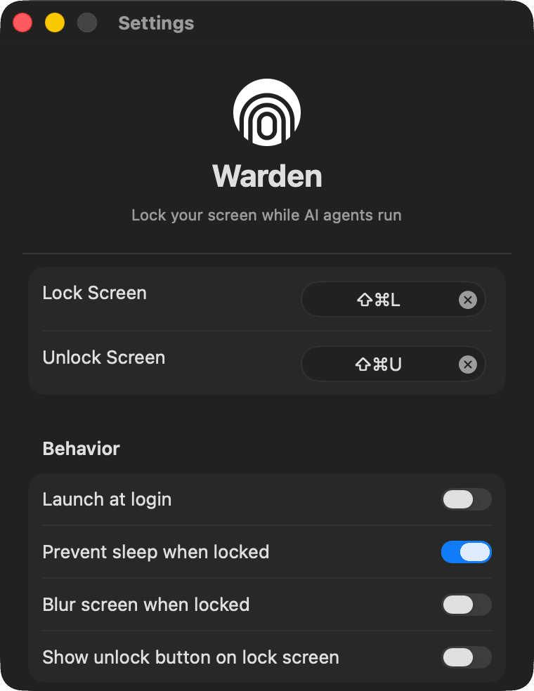 Warden settings window on macOS showing the lock keyboard shortcut, sleep prevention toggle, and screen blur options